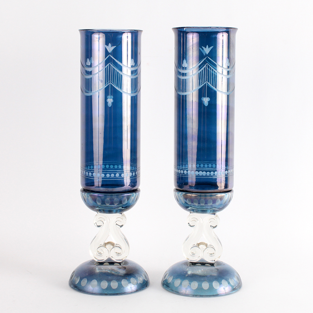 Pair of Cut-to-Clear Sapphire Etched Glass Hurricane Candlesticks