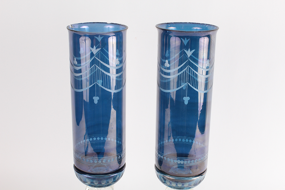 Pair of Cut-to-Clear Sapphire Etched Glass Hurricane Candlesticks