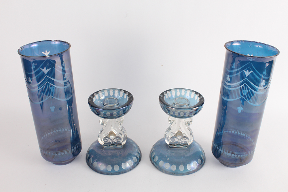 Pair of Cut-to-Clear Sapphire Etched Glass Hurricane Candlesticks