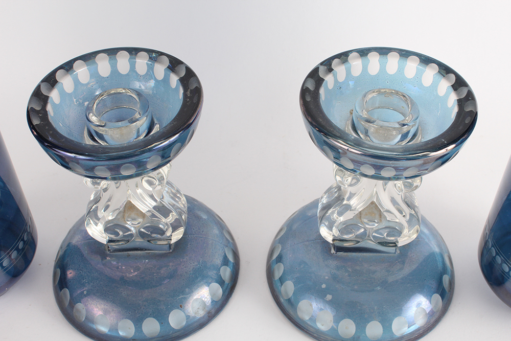 Pair of Cut-to-Clear Sapphire Etched Glass Hurricane Candlesticks