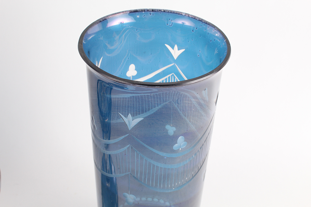 Pair of Cut-to-Clear Sapphire Etched Glass Hurricane Candlesticks