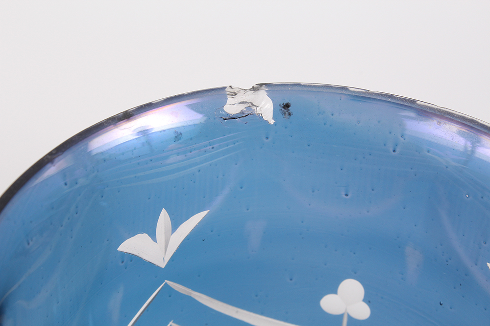 Pair of Cut-to-Clear Sapphire Etched Glass Hurricane Candlesticks