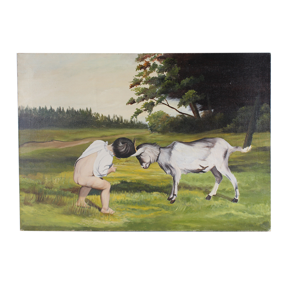 Original Oil on Canvas Painting of Boy with Goat