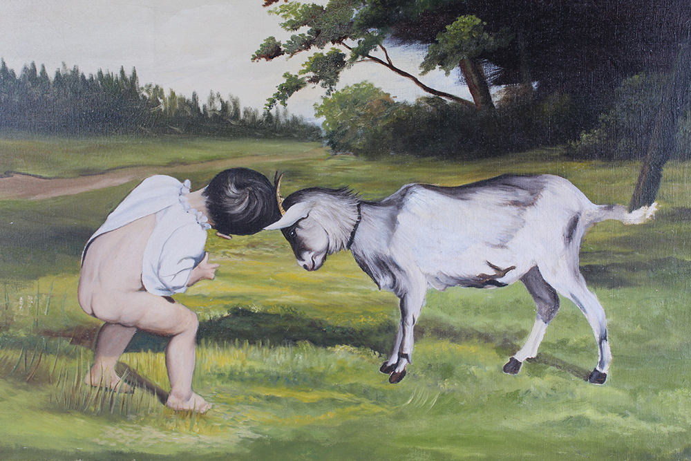 Original Oil on Canvas Painting of Boy with Goat