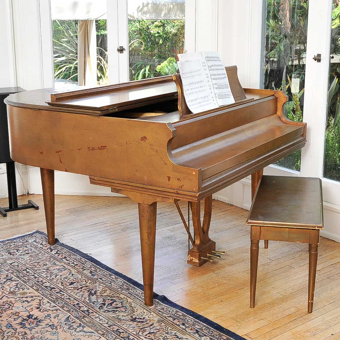 Gold Leaf Finished Baby Grand Piano and Bench