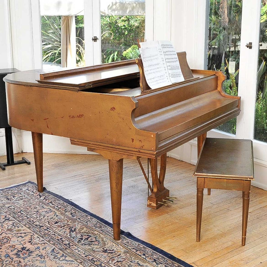 Gold Leaf Finished Baby Grand Piano and Bench