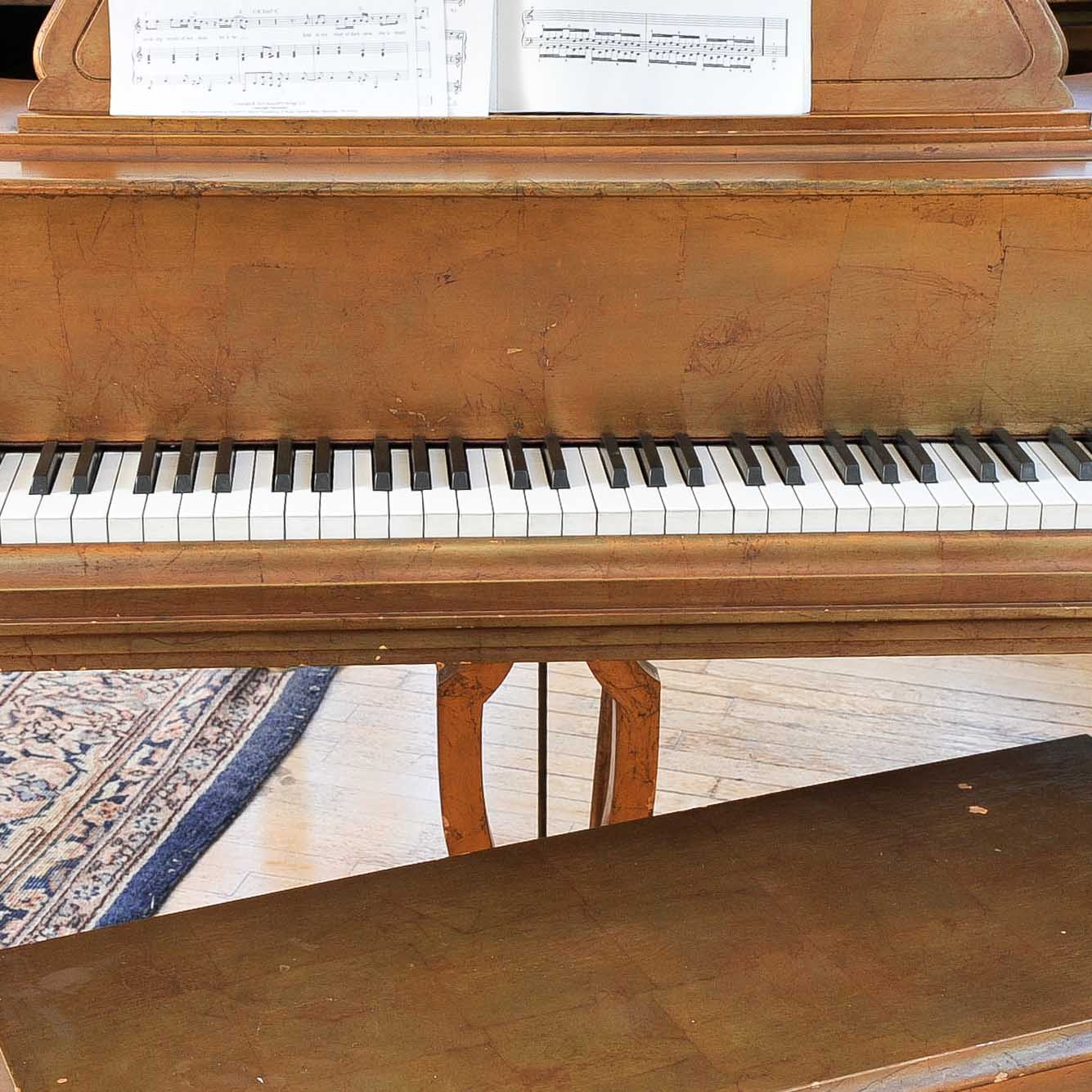 Gold Leaf Finished Baby Grand Piano and Bench