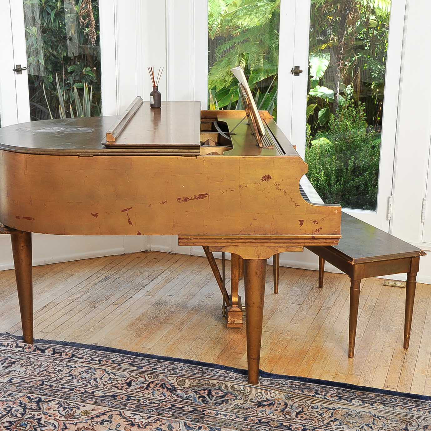 Gold Leaf Finished Baby Grand Piano and Bench