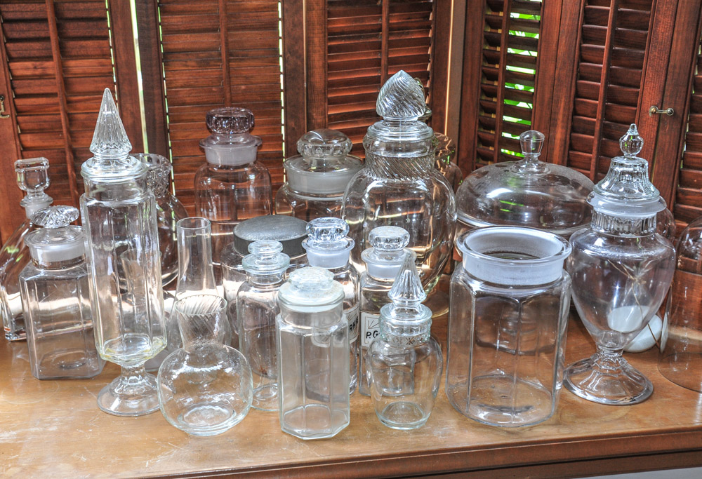 Collection of Vintage Tiffin Dakota Glass Apothecary Jars and More