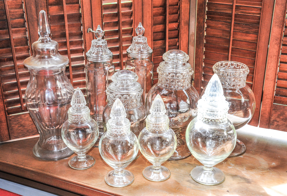 Collection of Vintage Tiffin Dakota Glass Apothecary Jars and More