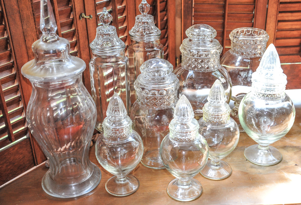Collection of Vintage Tiffin Dakota Glass Apothecary Jars and More