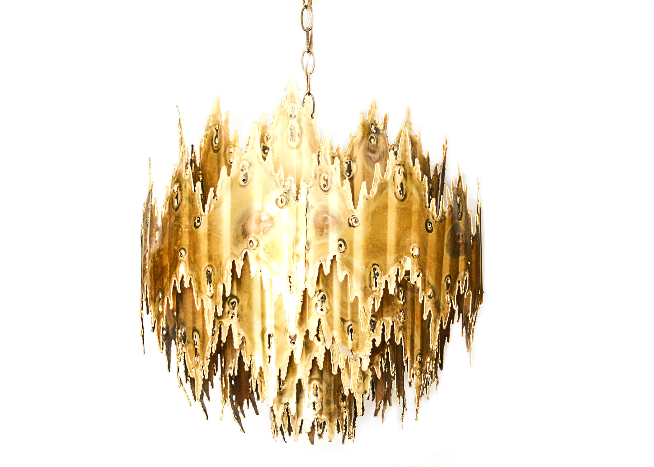 1970s Torch Cut Brass Brutalist Chandelier by Tom A. Greene for The Feldman Company