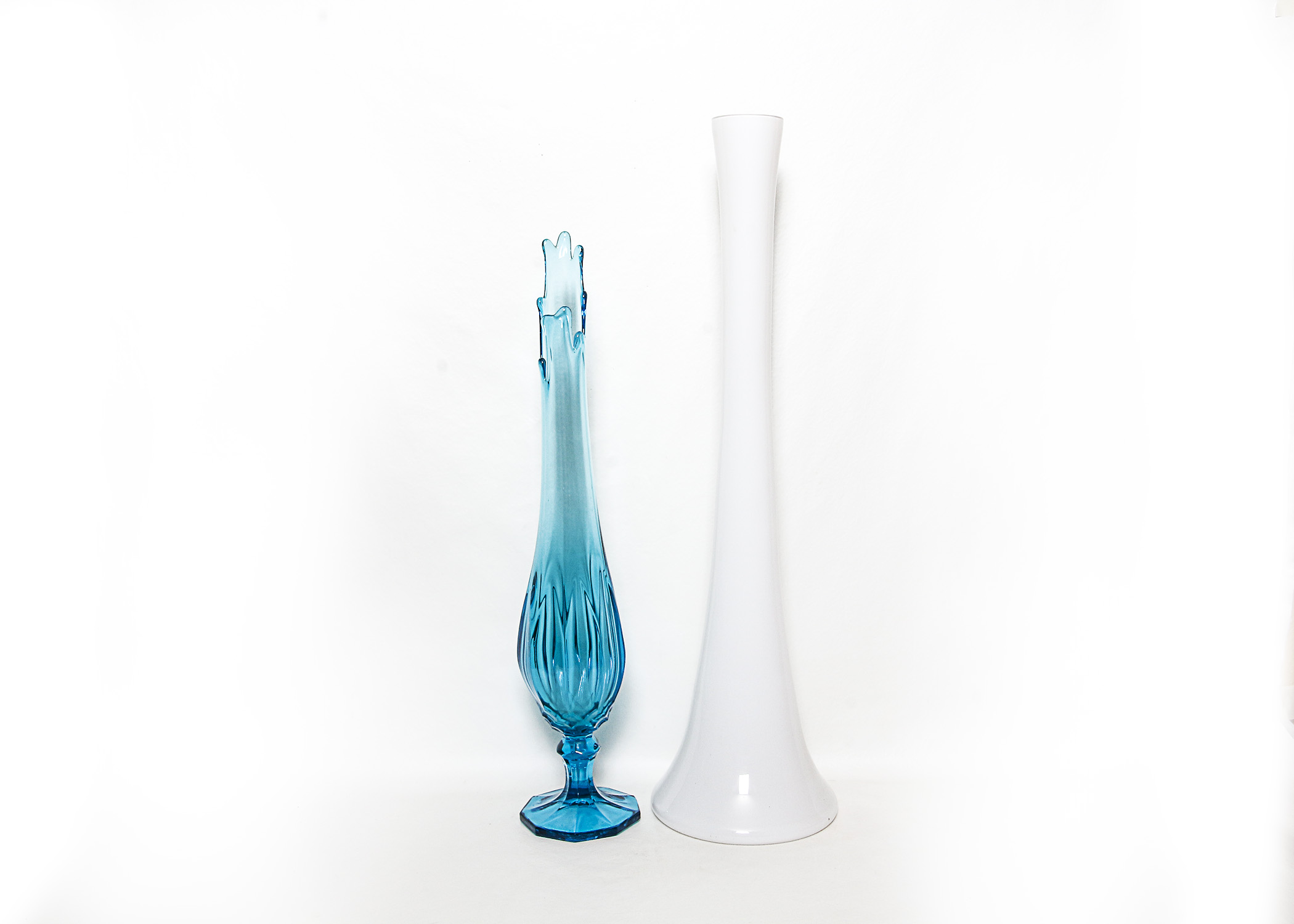 Tall White Glass Toyo Vase and Teal Toned Jagged Vase