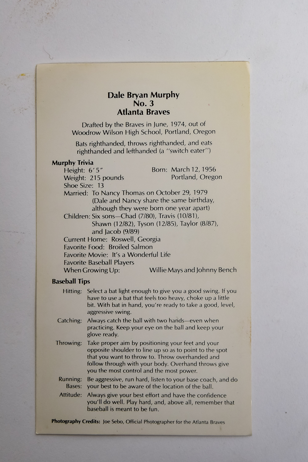 Dale Murphy Signed Picture Card, Joe Sebo photographer official Braves photographer