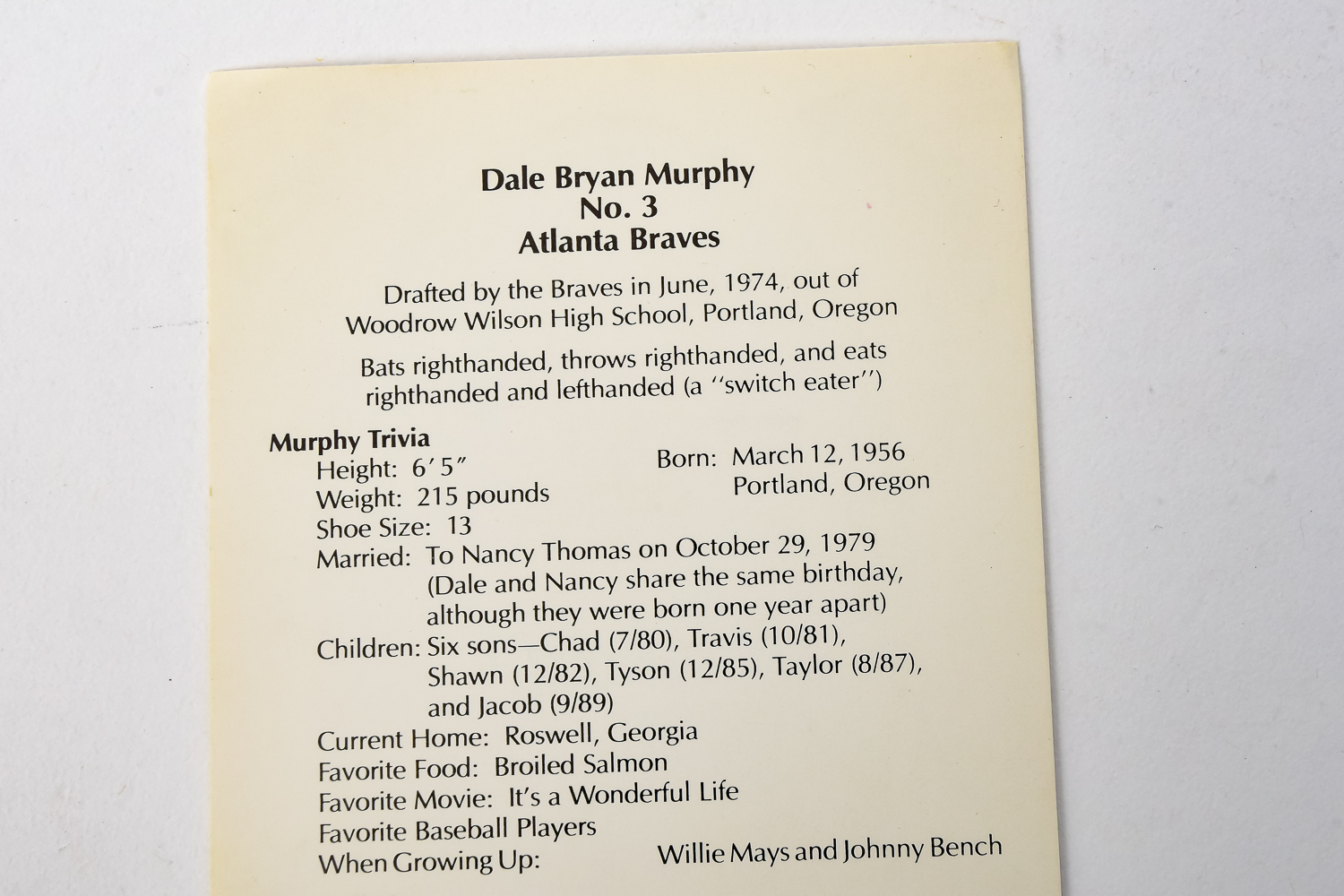 Dale Murphy Signed Picture Card, Joe Sebo photographer official Braves photographer