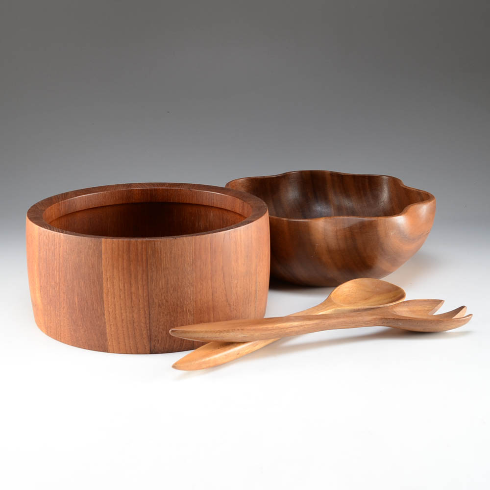 Mid Century Modern Teak Wood Salad Bowls and Serving Utensils