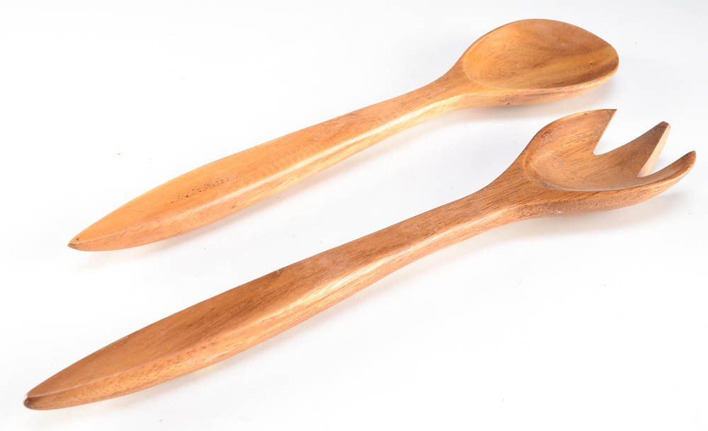 Mid Century Modern Teak Wood Salad Bowls and Serving Utensils