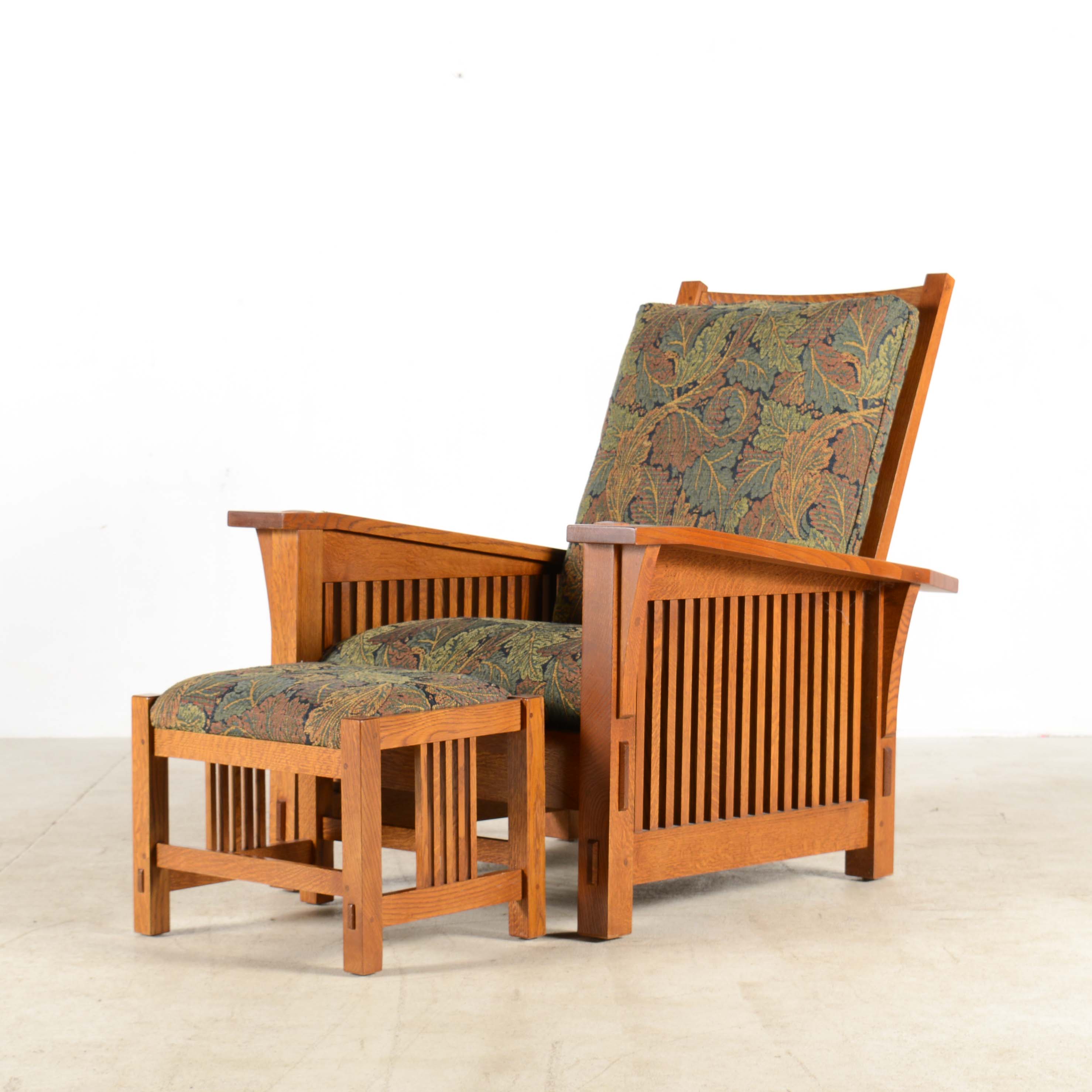Stickley Tiger Oak Wood Framed Modern Armchair and Ottoman