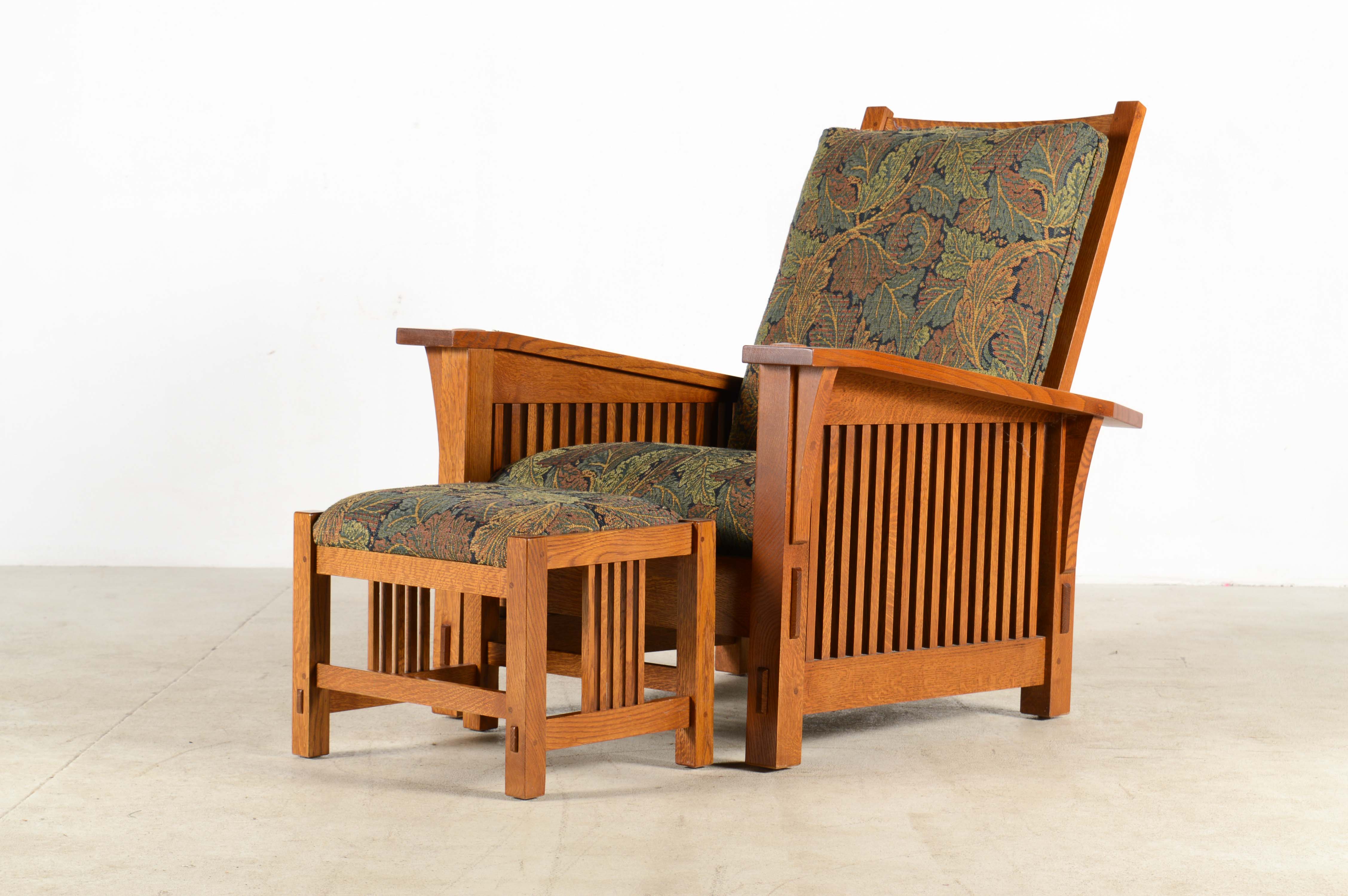 Stickley Tiger Oak Wood Framed Modern Armchair and Ottoman