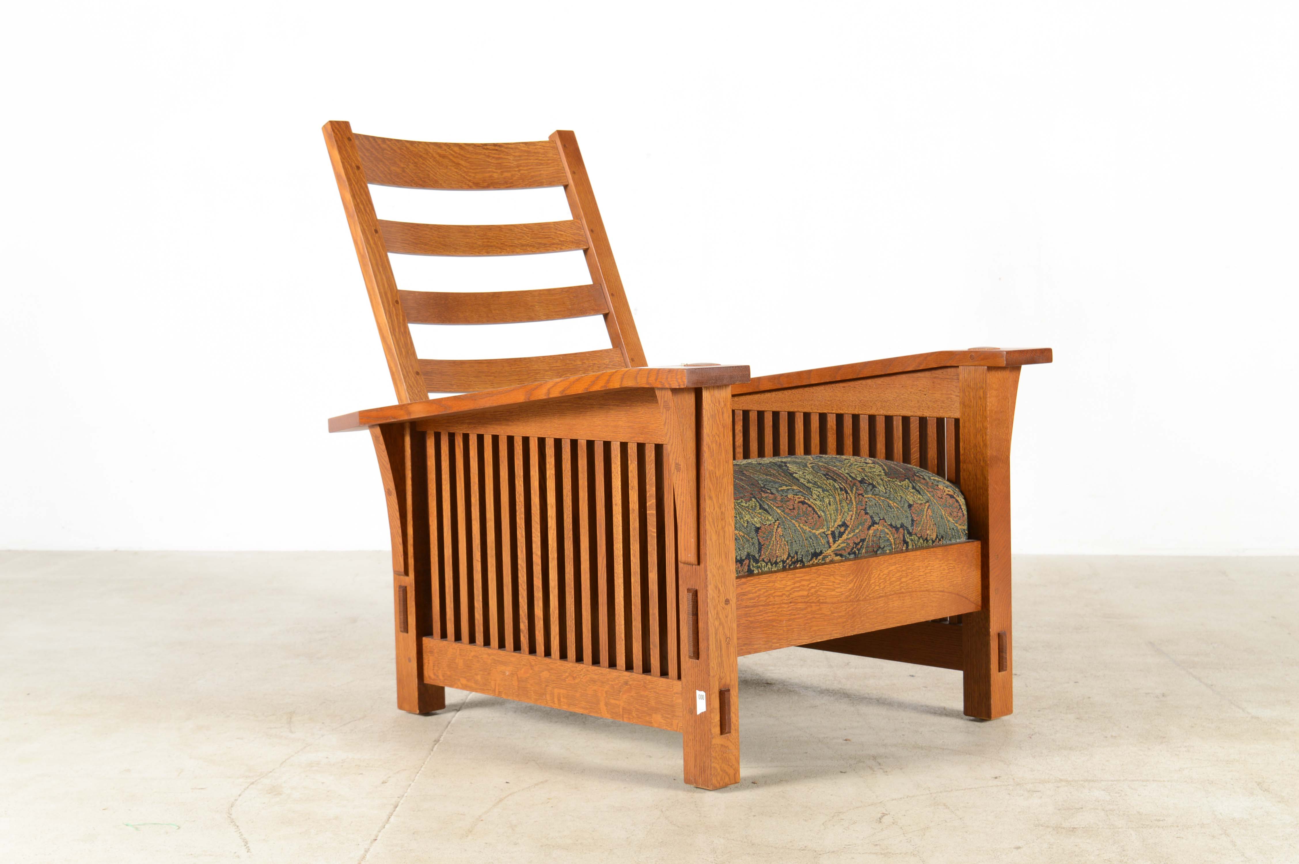 Stickley Tiger Oak Wood Framed Modern Armchair and Ottoman