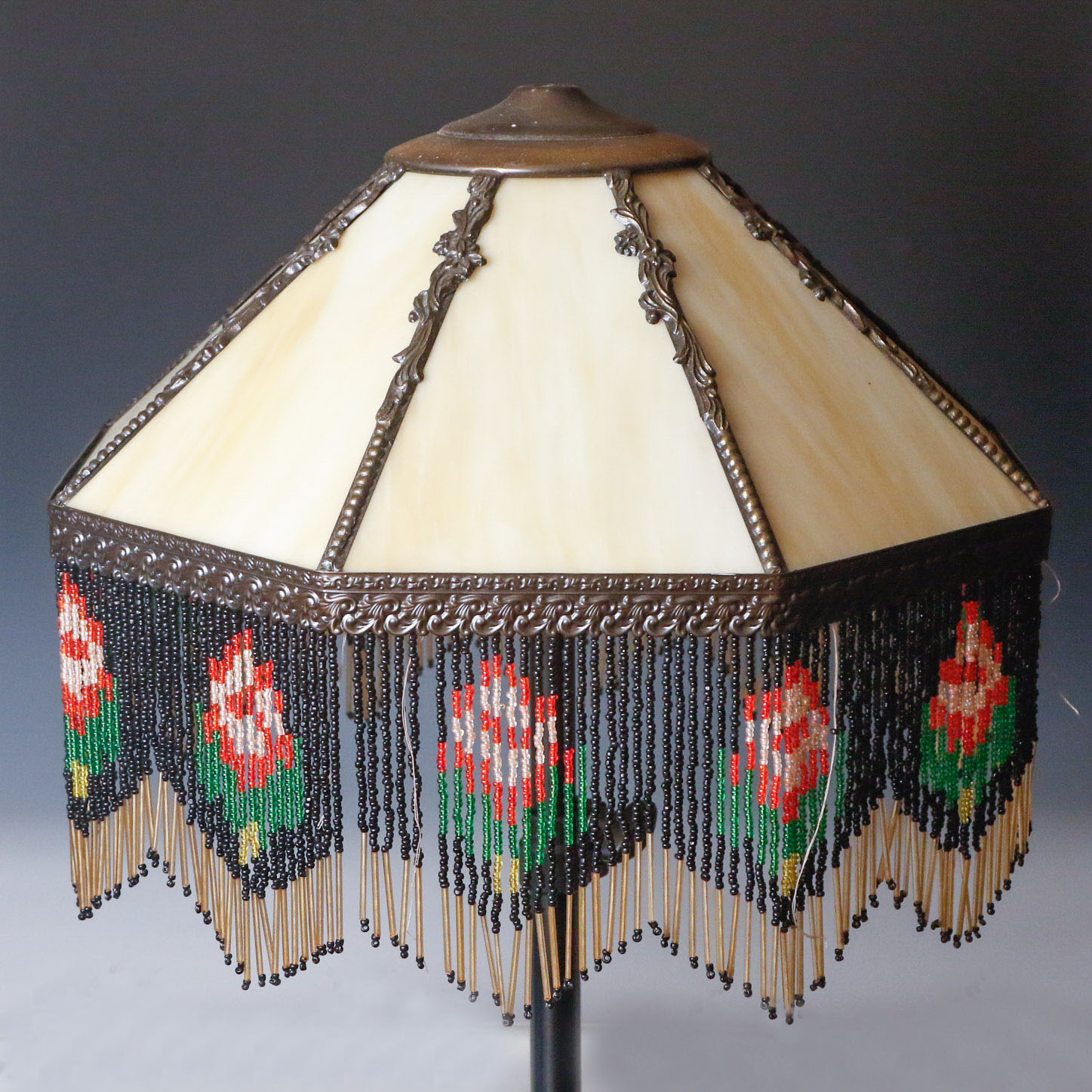 Art Nouveau Slag Glass Lamp Shade with Fringe