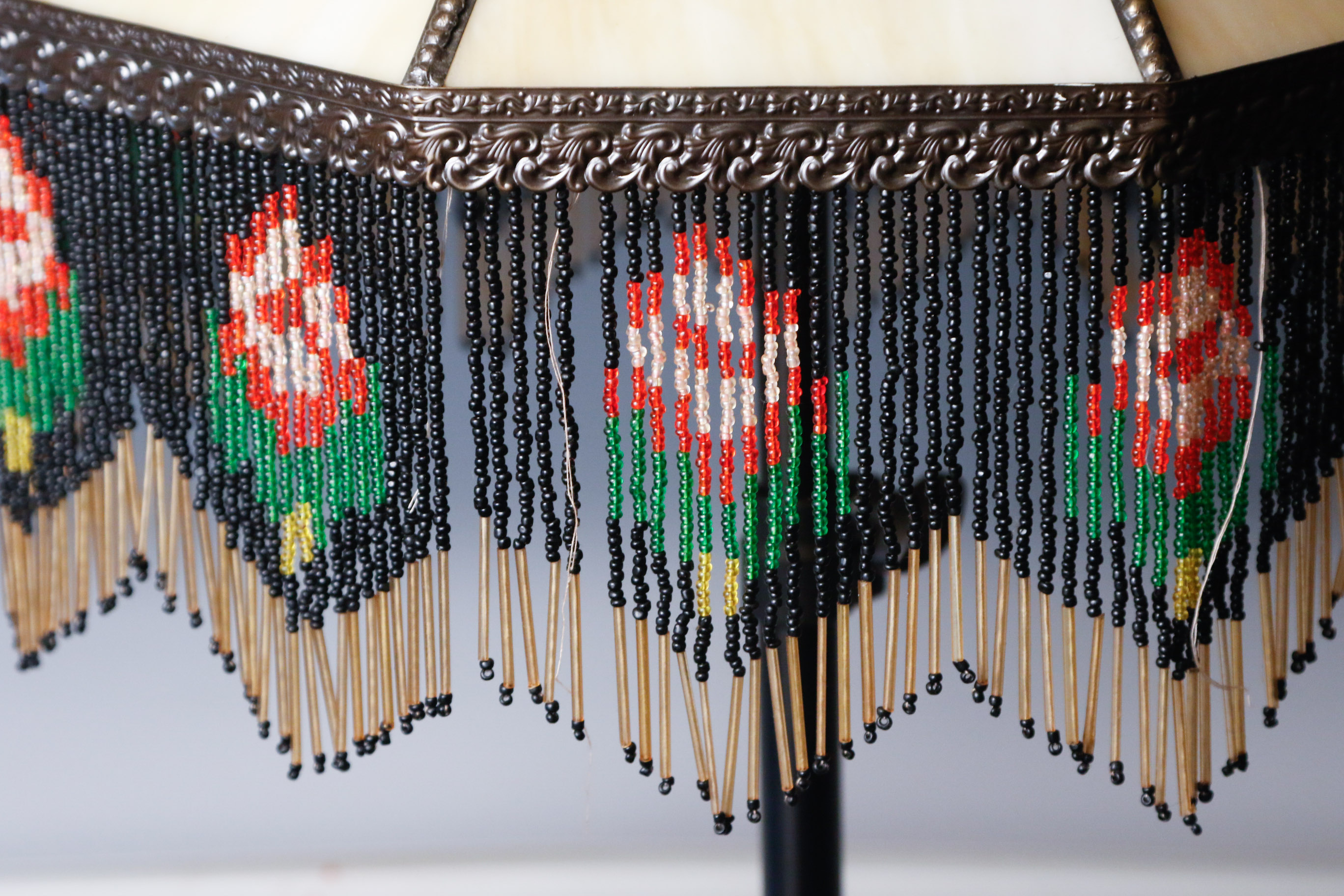 Art Nouveau Slag Glass Lamp Shade with Fringe