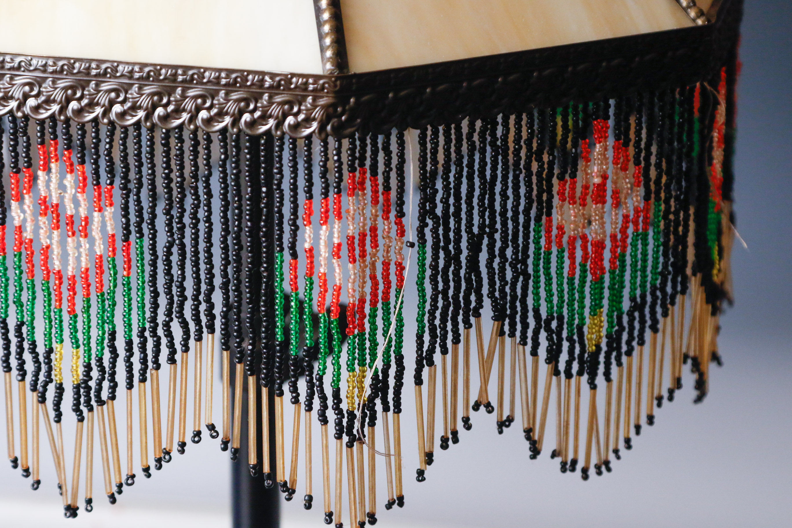 Art Nouveau Slag Glass Lamp Shade with Fringe