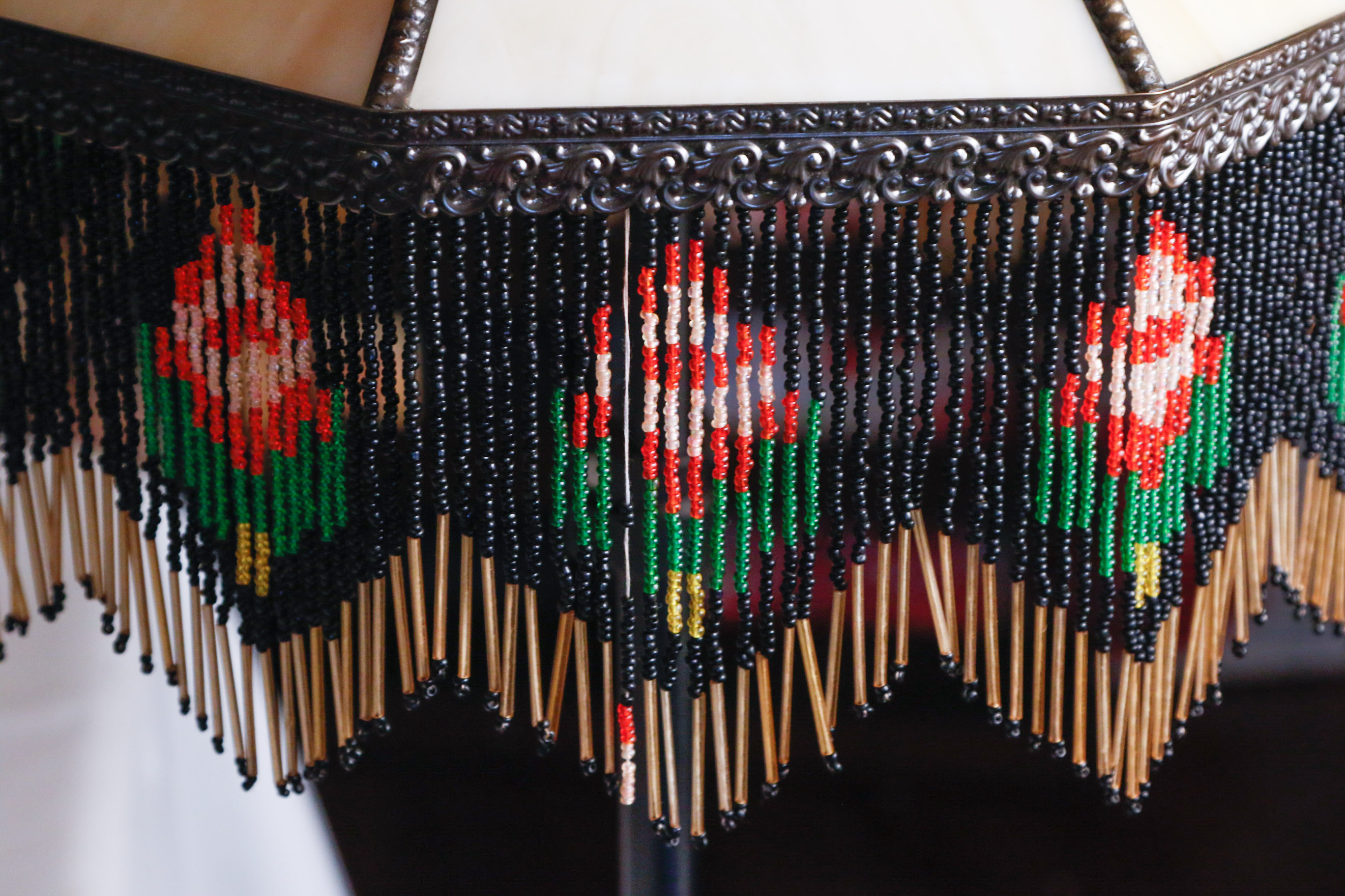 Art Nouveau Slag Glass Lamp Shade with Fringe