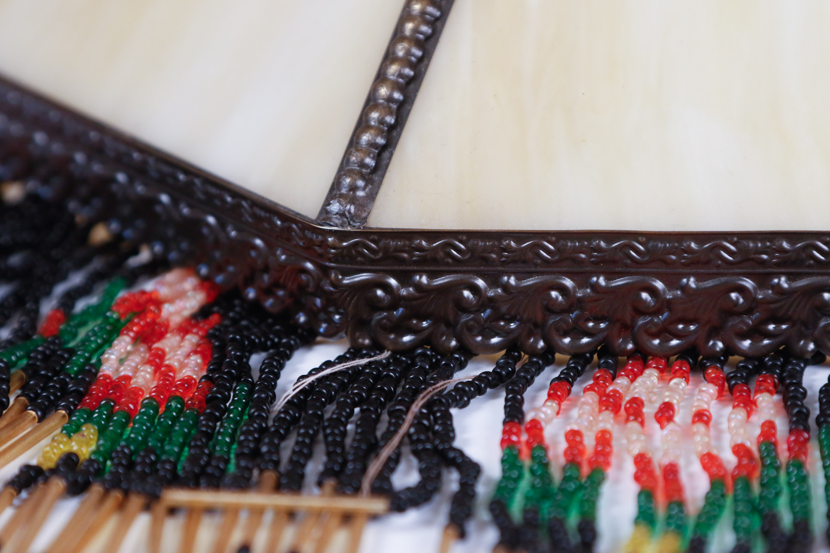 Art Nouveau Slag Glass Lamp Shade with Fringe