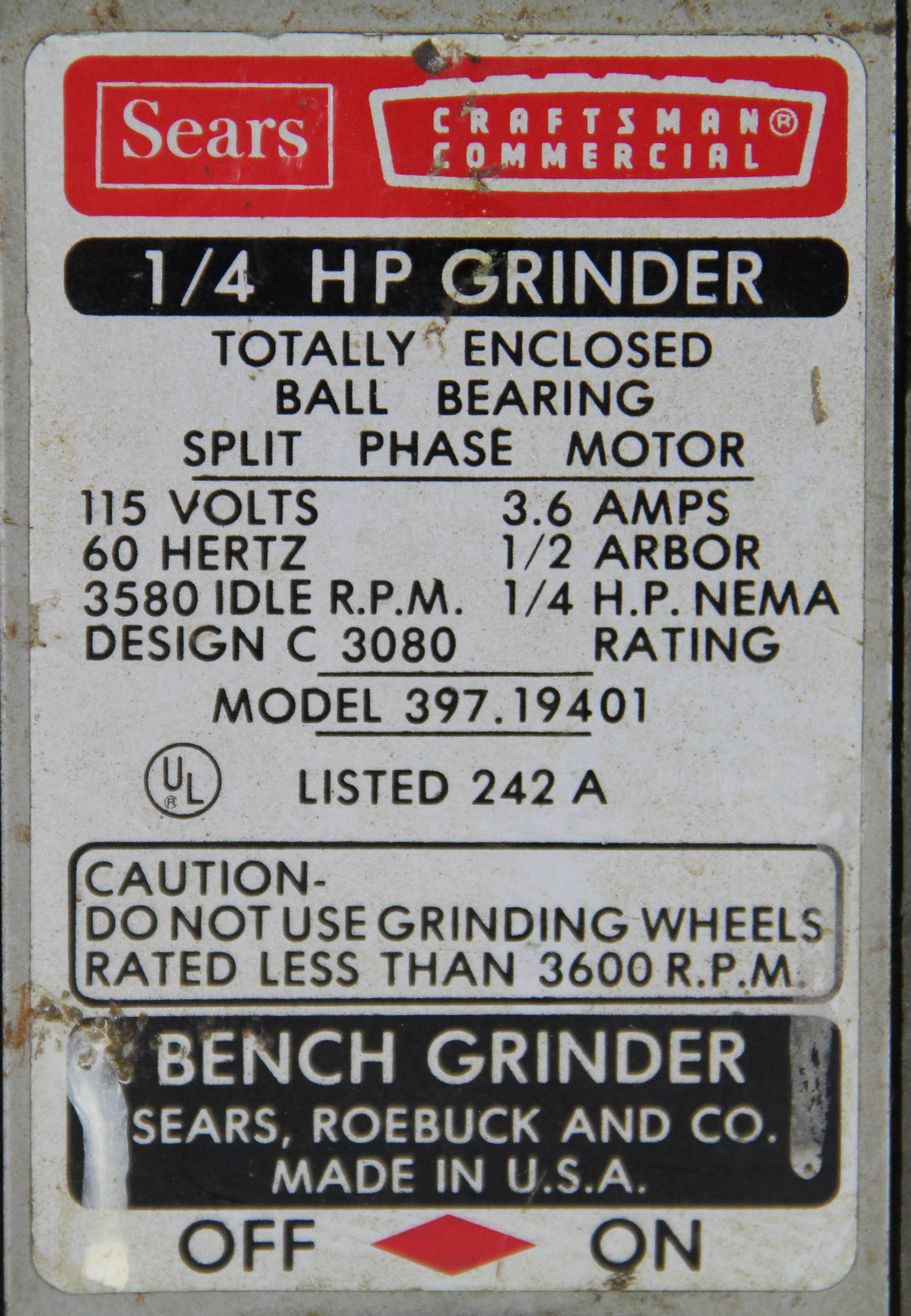 Sears Craftsman 1/4 HP Bench Grinder