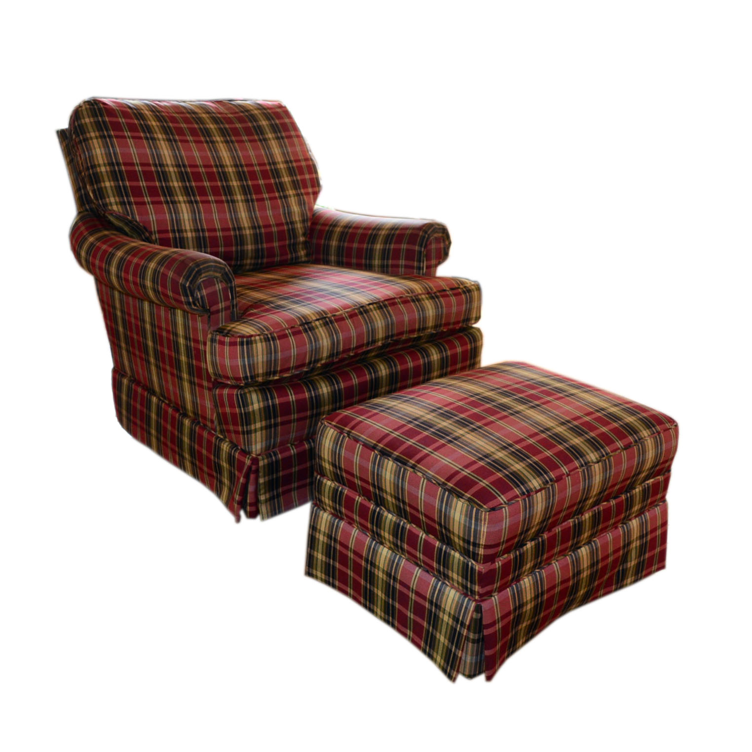 Plaid Upholstered Chair with Matching Ottoman