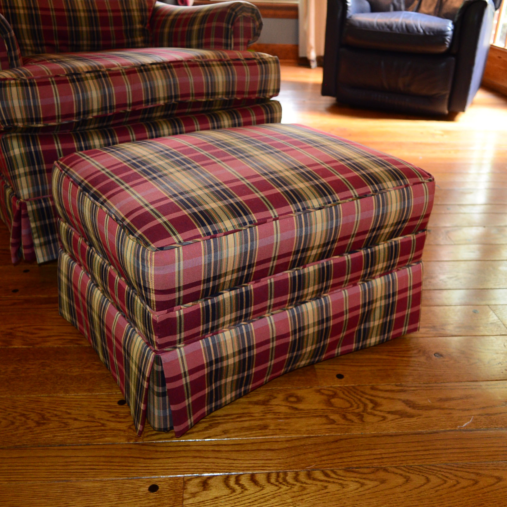 Plaid Upholstered Chair with Matching Ottoman