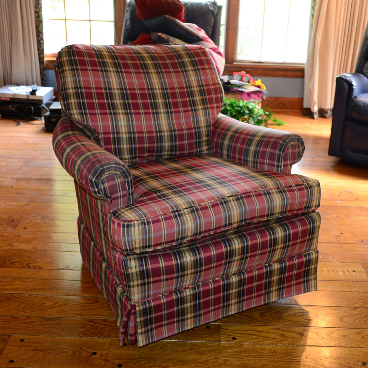 Plaid Upholstered Chair with Matching Ottoman