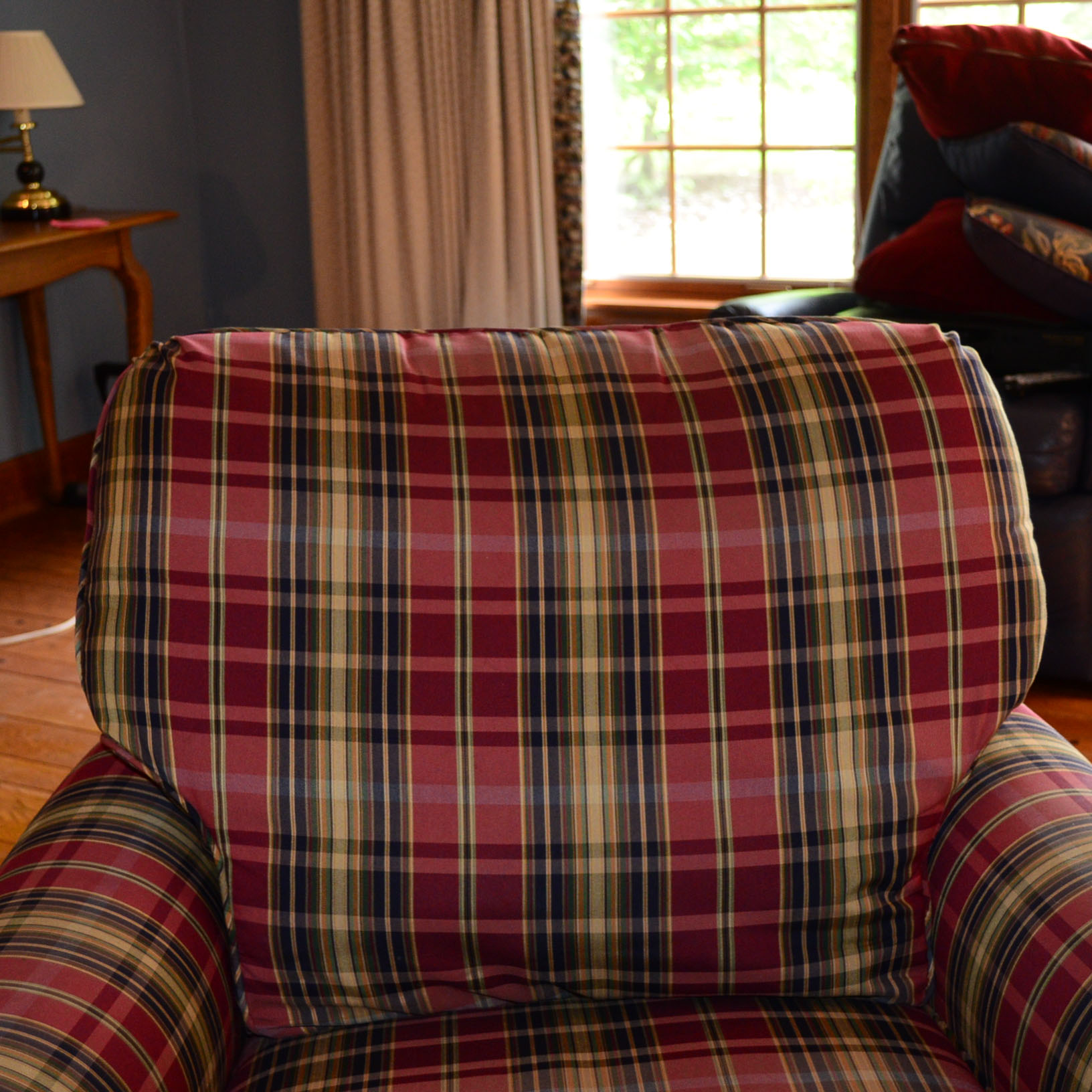 Plaid Upholstered Chair with Matching Ottoman