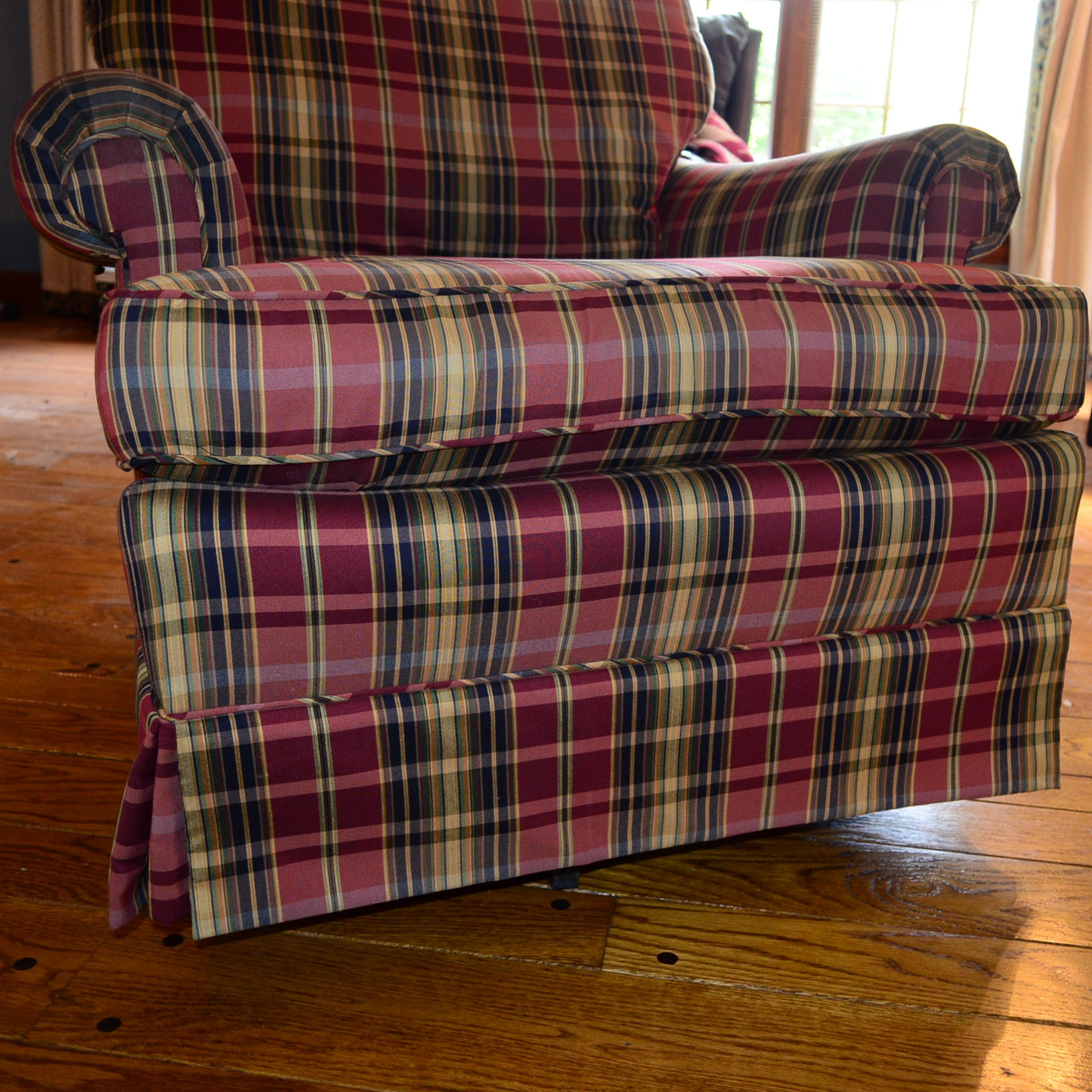 Plaid Upholstered Chair with Matching Ottoman