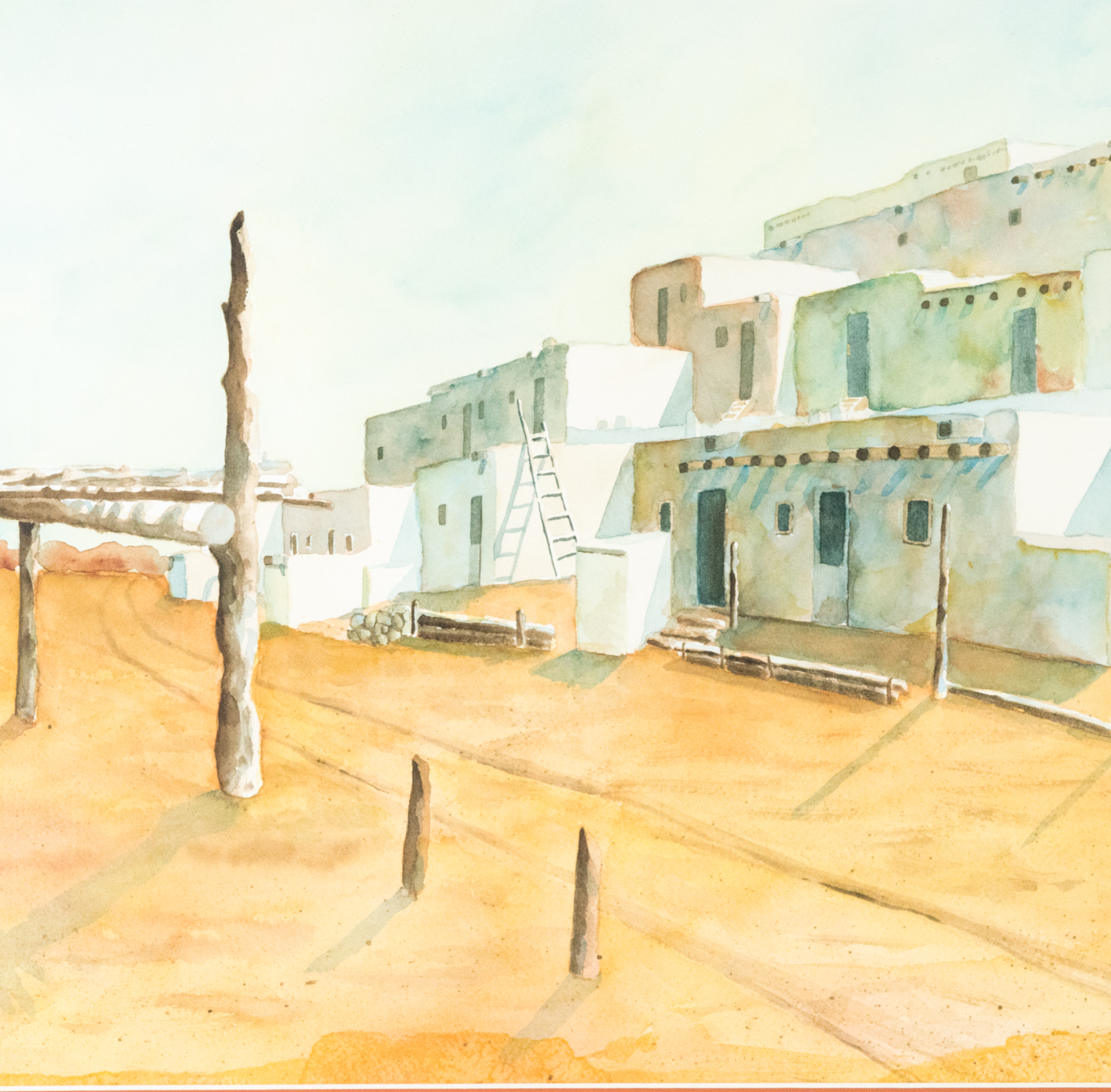 Shelley Wilson Original Watercolor Depicting A Pueblo