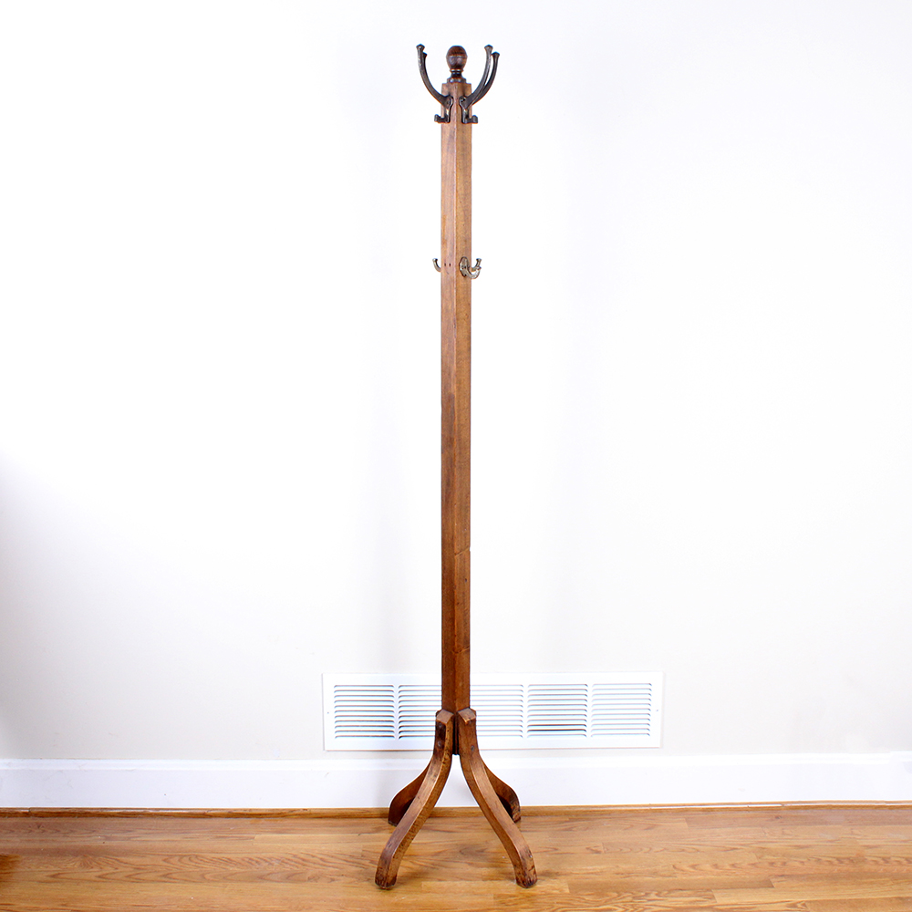 Walnut Stained Wooden Coat Rack with Brass Hooks