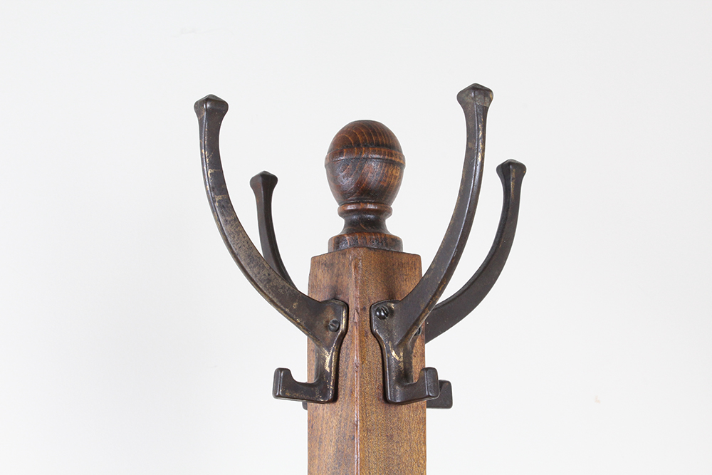 Walnut Stained Wooden Coat Rack with Brass Hooks