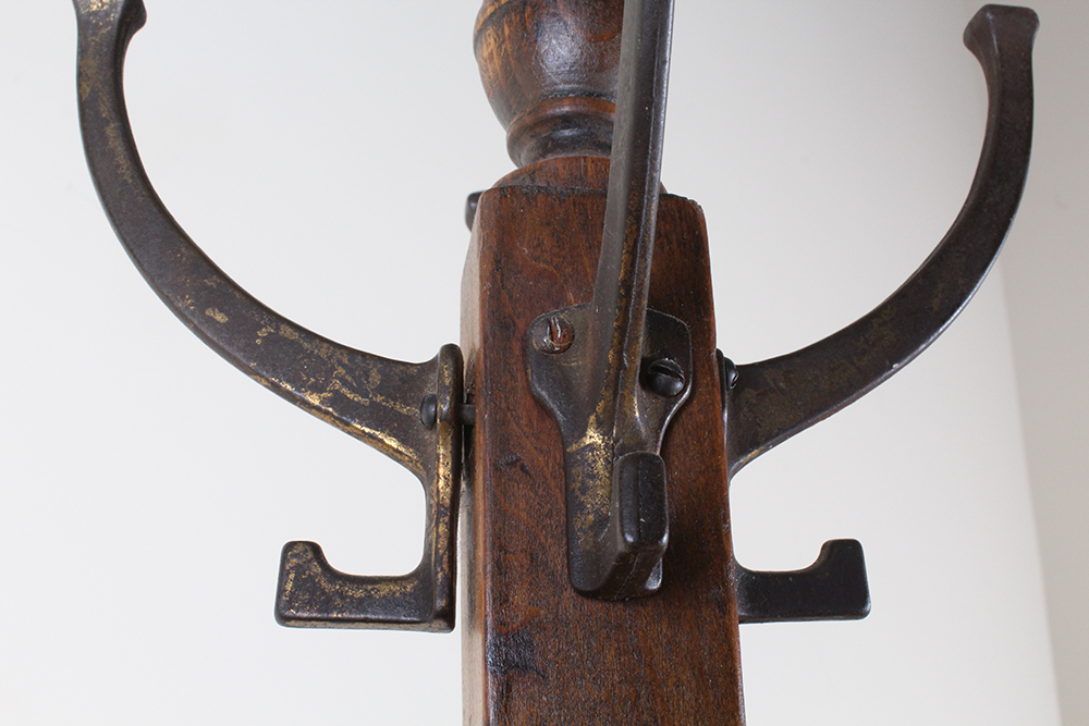 Walnut Stained Wooden Coat Rack with Brass Hooks