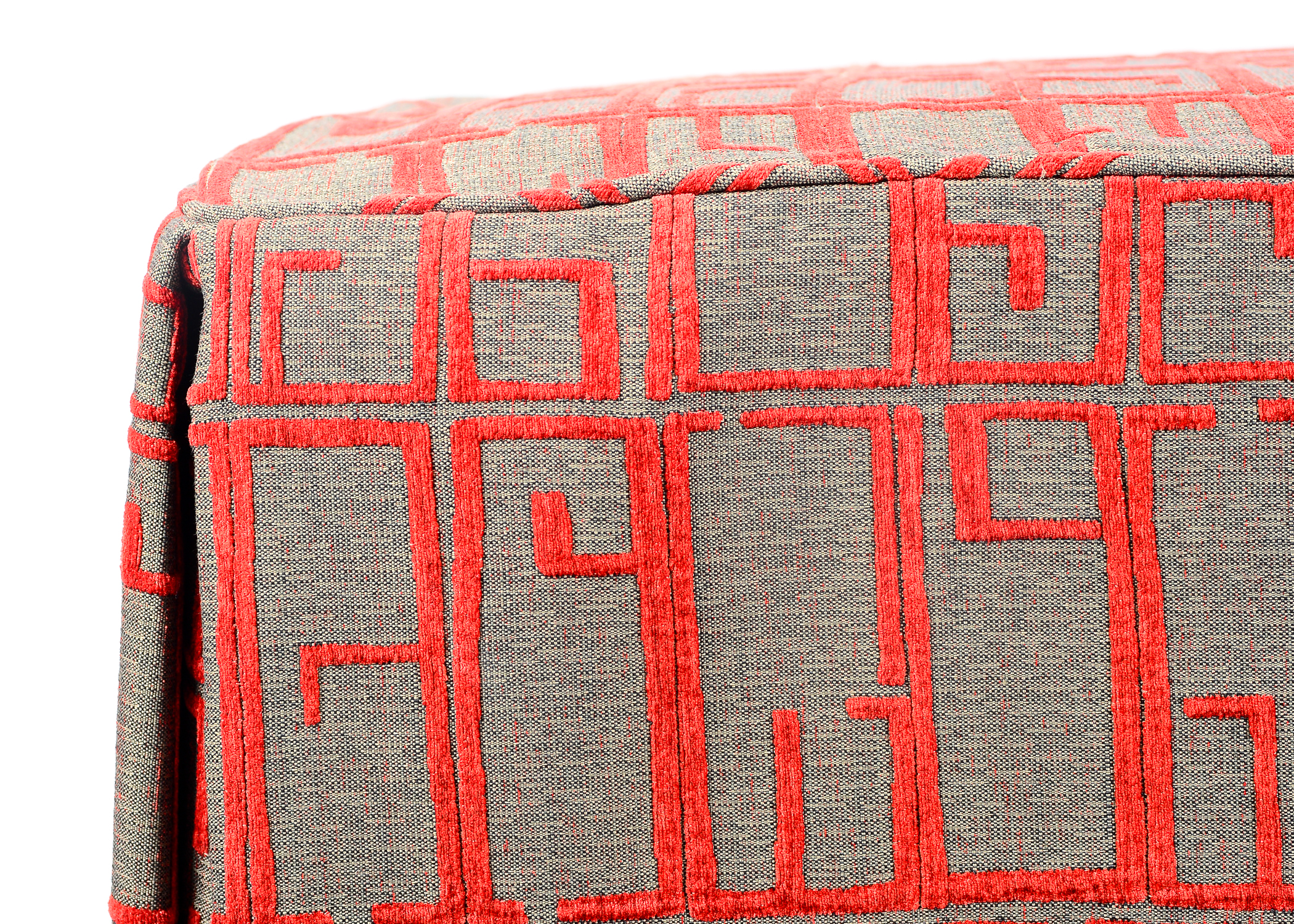 Red and Gray Slip Covered Bench Ottoman