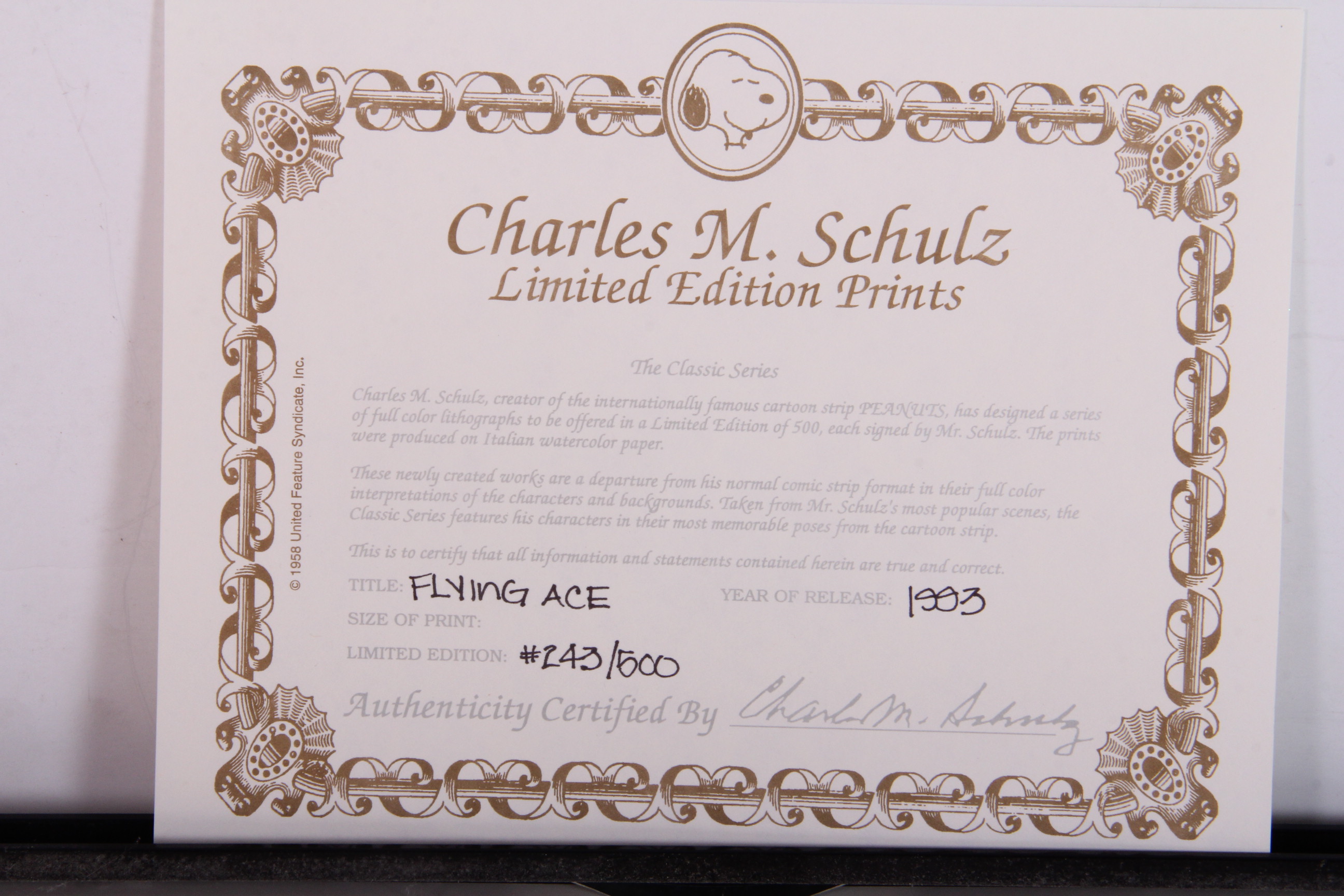 Limited Edition Signed Charles Schulz Lithograph "Flying Ace"