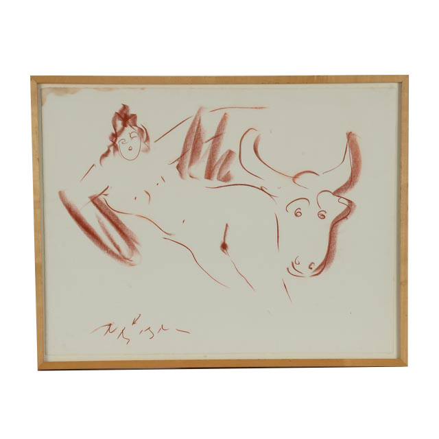 Reuben Nakian Conté Crayon Sketch of Nude Woman and Bull