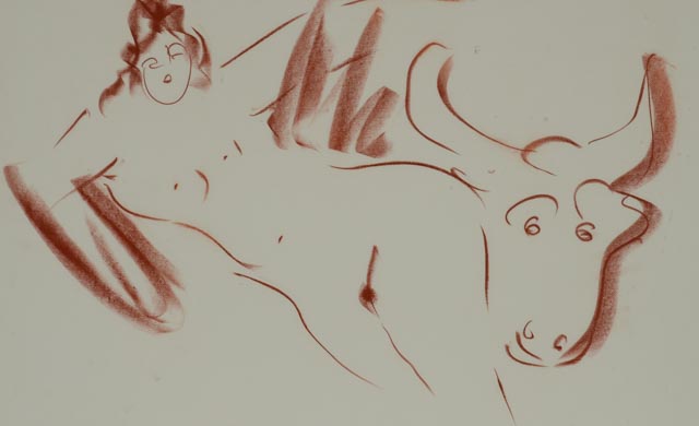 Reuben Nakian Conté Crayon Sketch of Nude Woman and Bull