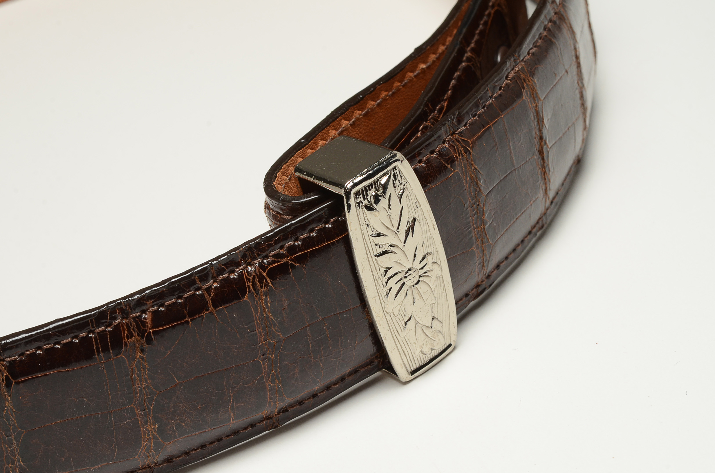 Crocodile Skin Leather Belt in Mahogany Brown