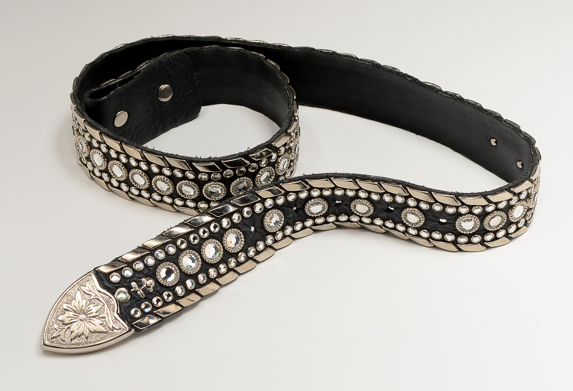 Kippy's of California Black Leather Belt with Silvertone Studs and Crystal Rhinestones