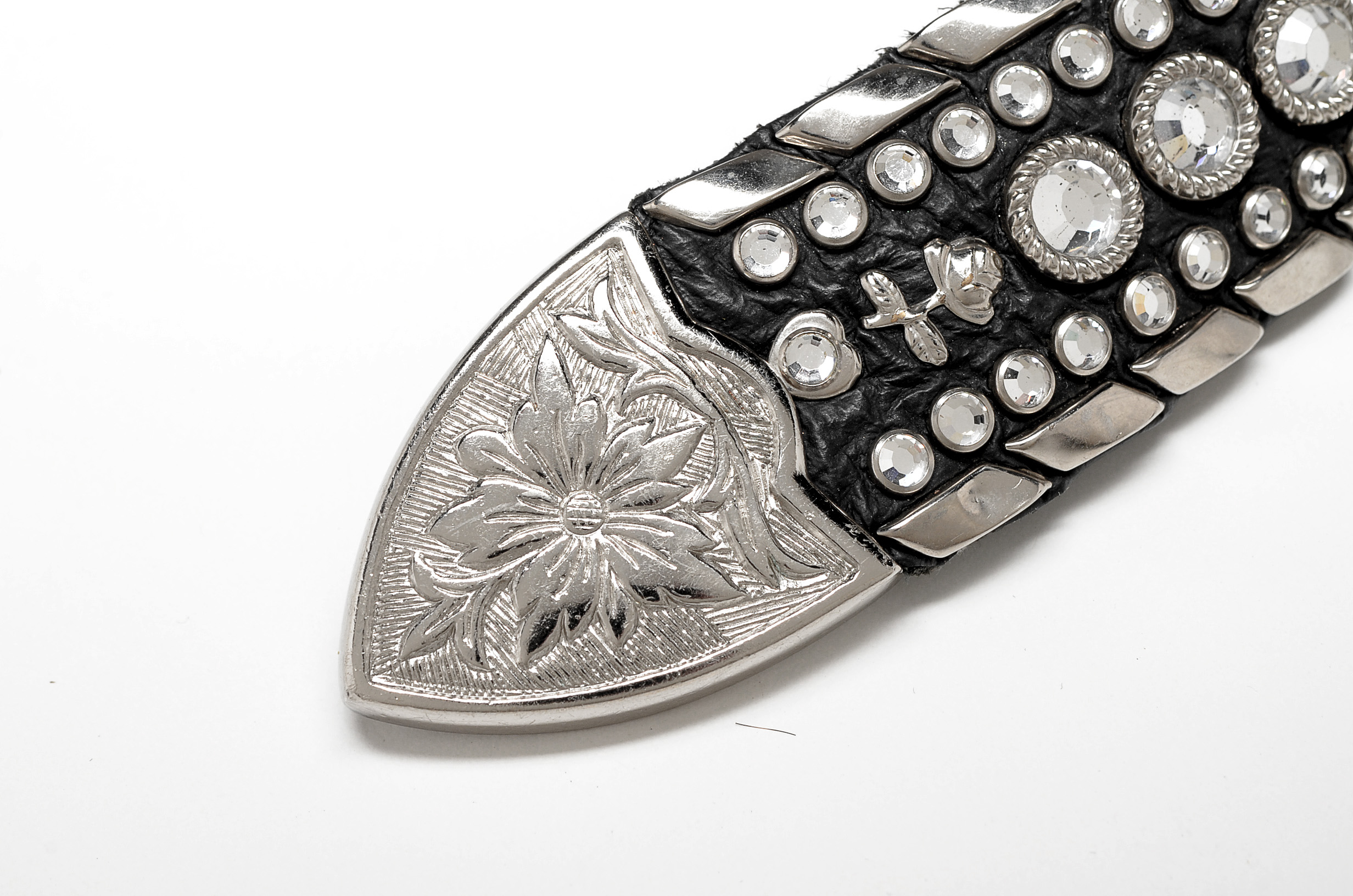 Kippy's of California Black Leather Belt with Silvertone Studs and Crystal Rhinestones