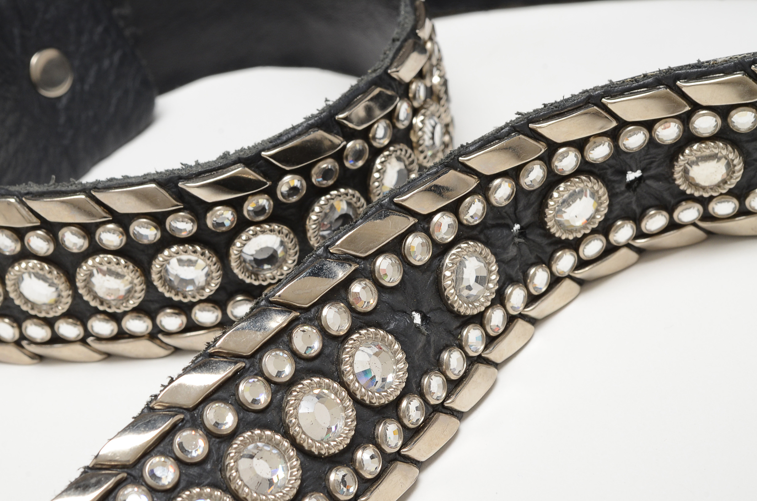 Kippy's of California Black Leather Belt with Silvertone Studs and Crystal Rhinestones