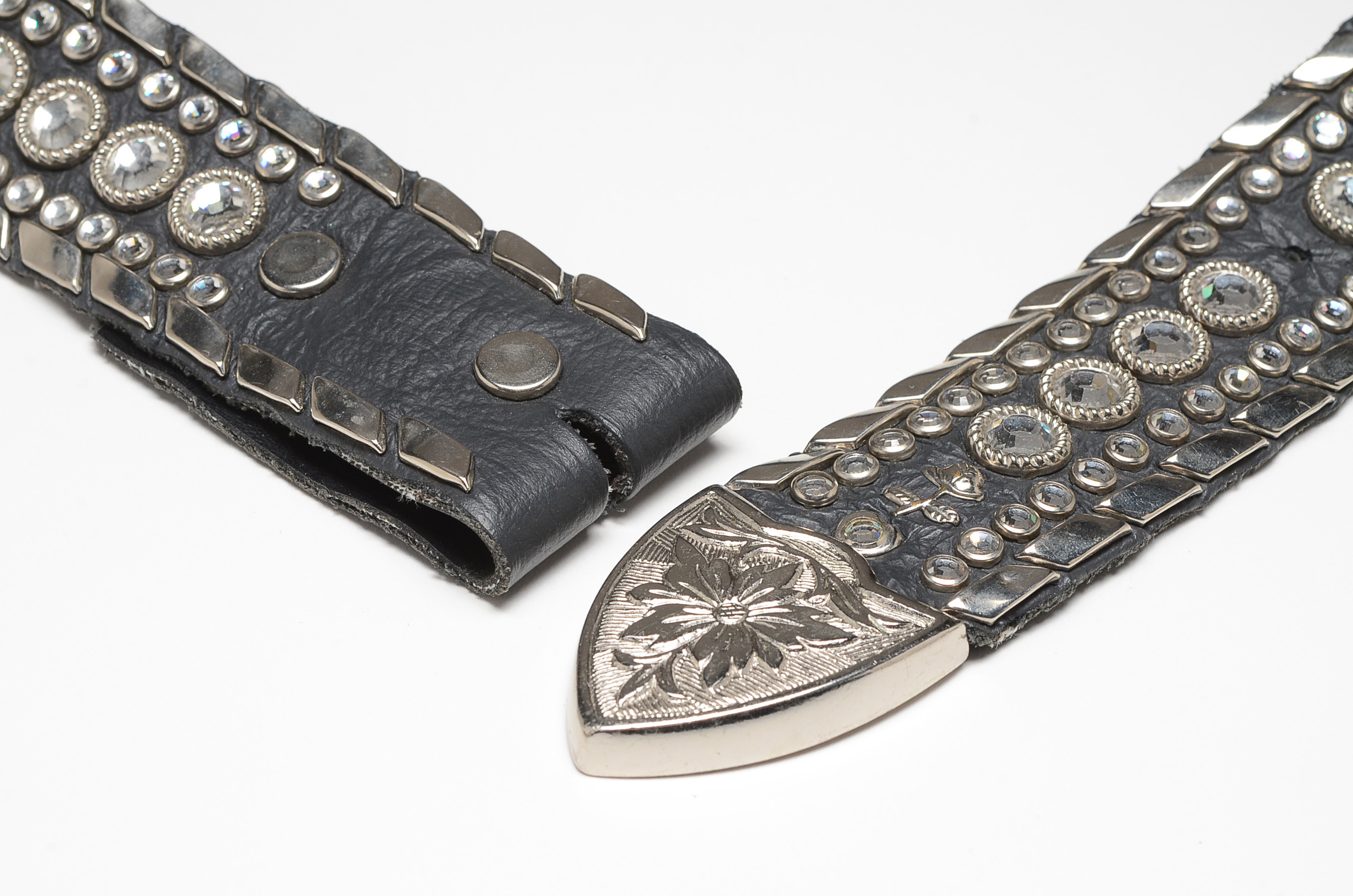 Kippy's of California Black Leather Belt with Silvertone Studs and Crystal Rhinestones