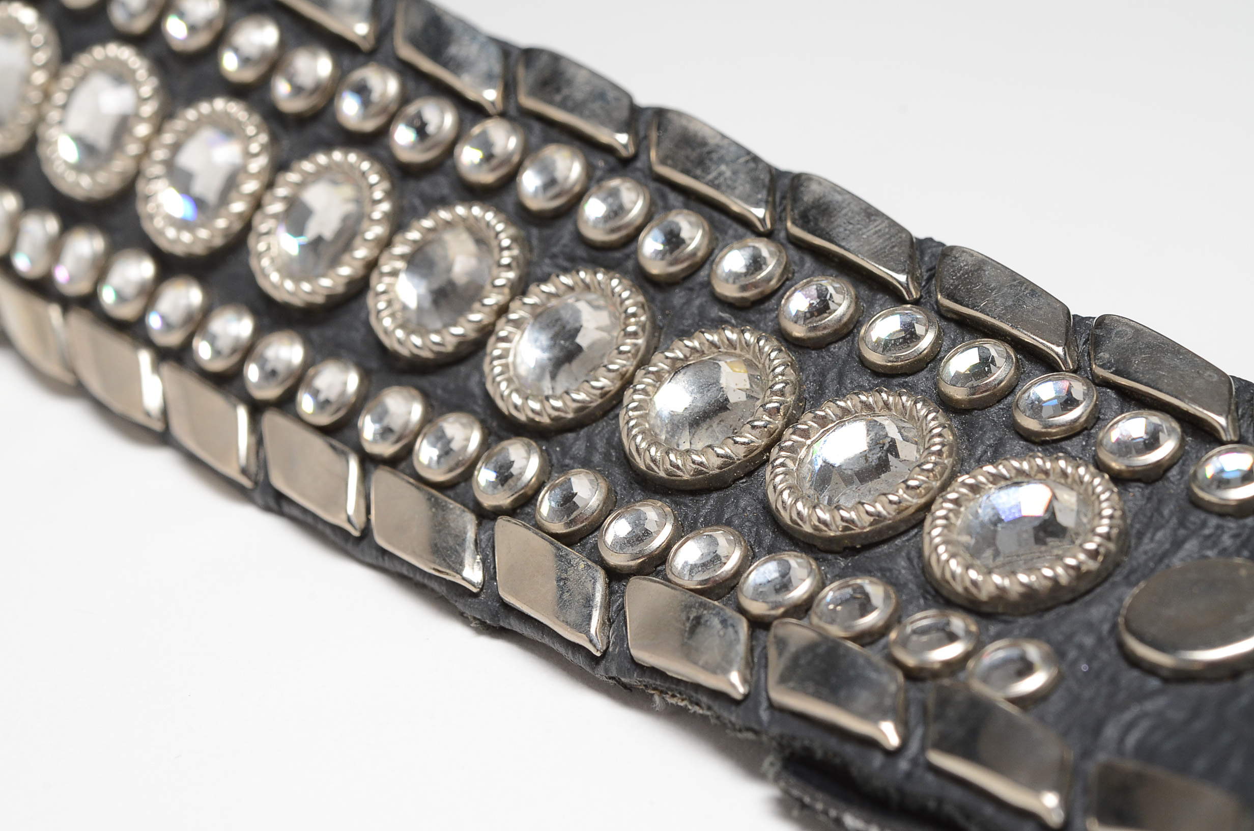 Kippy's of California Black Leather Belt with Silvertone Studs and Crystal Rhinestones