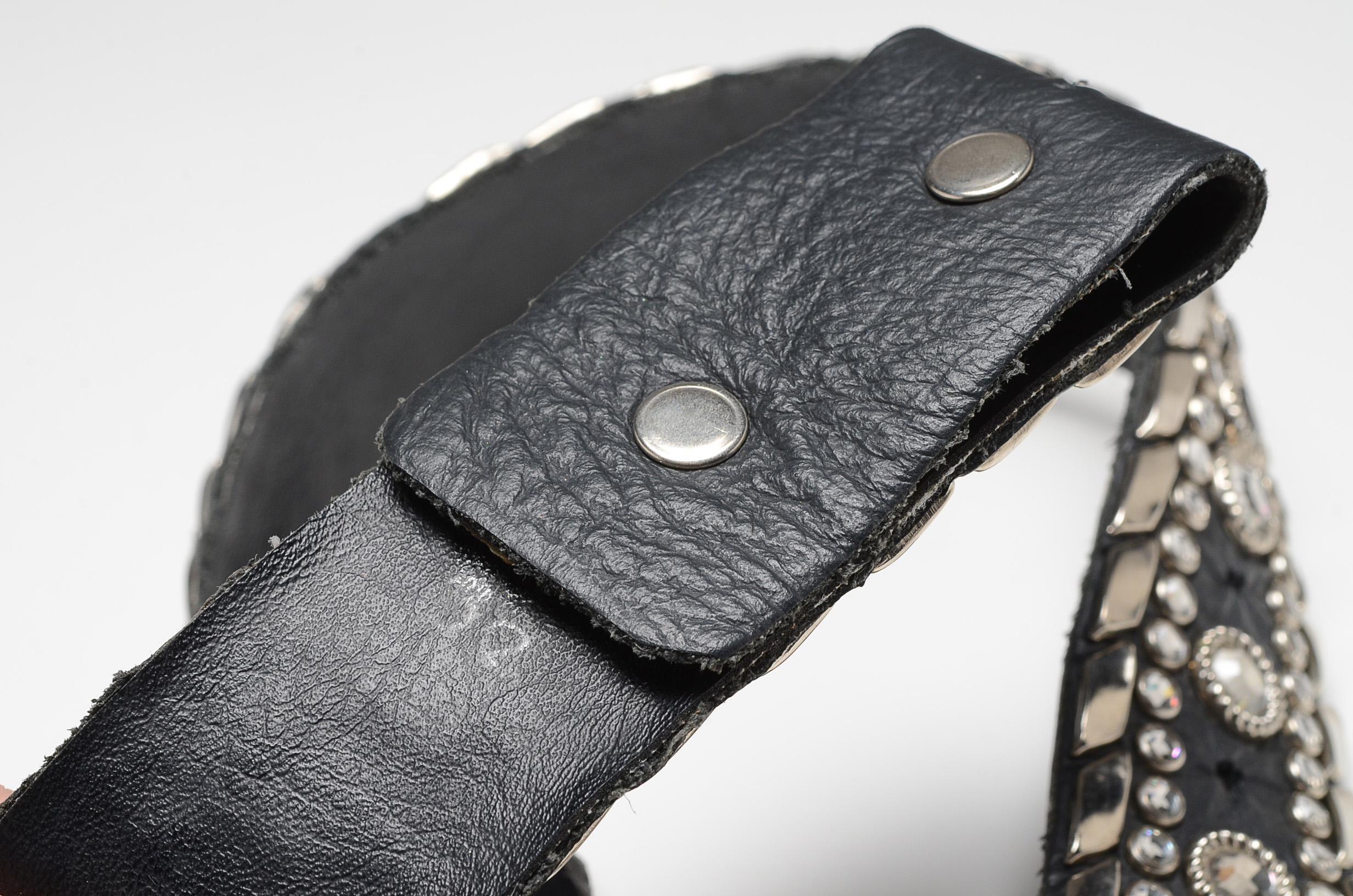 Kippy's of California Black Leather Belt with Silvertone Studs and Crystal Rhinestones